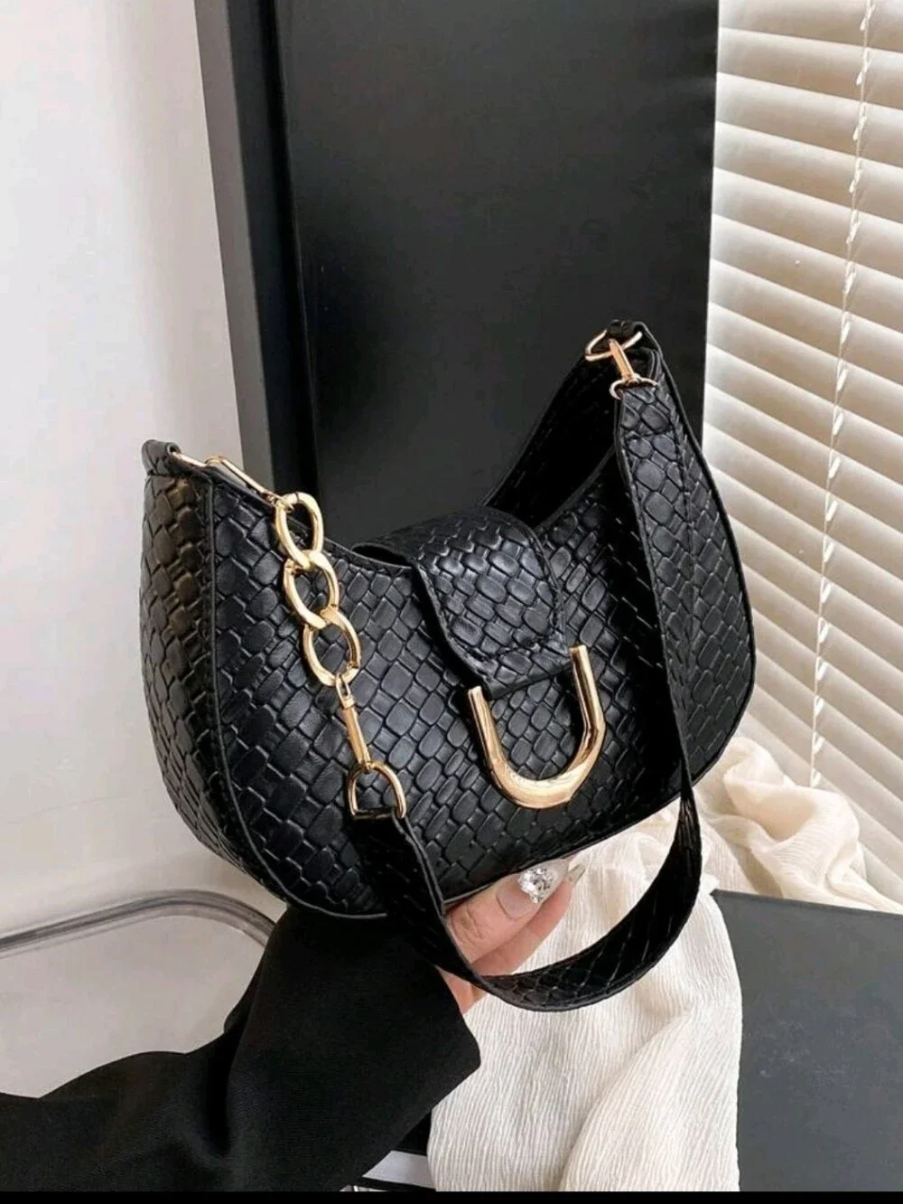 BRAND NEW ** Black Woven Shoulder Bag with Gold Hardware